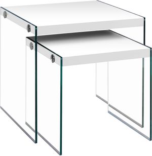 Nesting Table, Set Of 2, Side, End, Accent, Living Room, Bedroom, Tempered Glass, Laminate, Glossy White, Clear, Contemporary, Modern