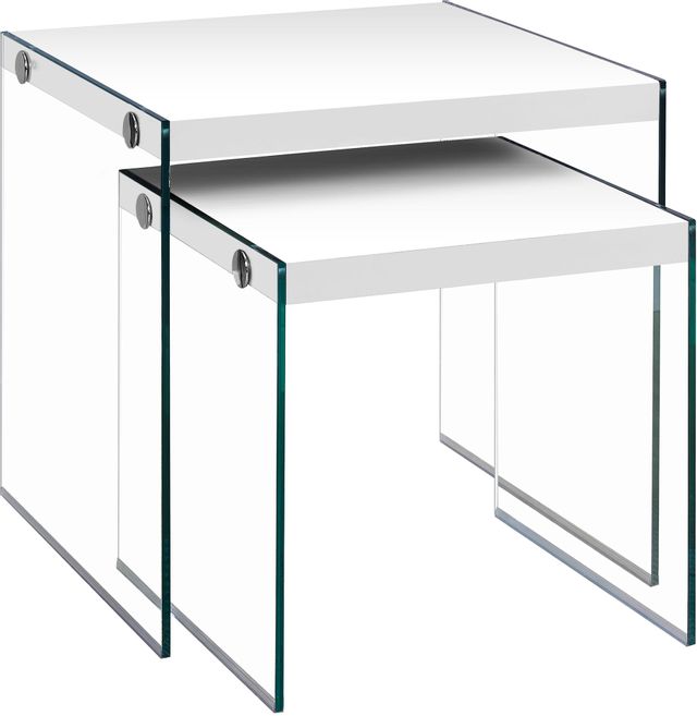 Monarch Specialties Inc. Set of 2 Glossy White Tempered Glass Nesting Tables 0