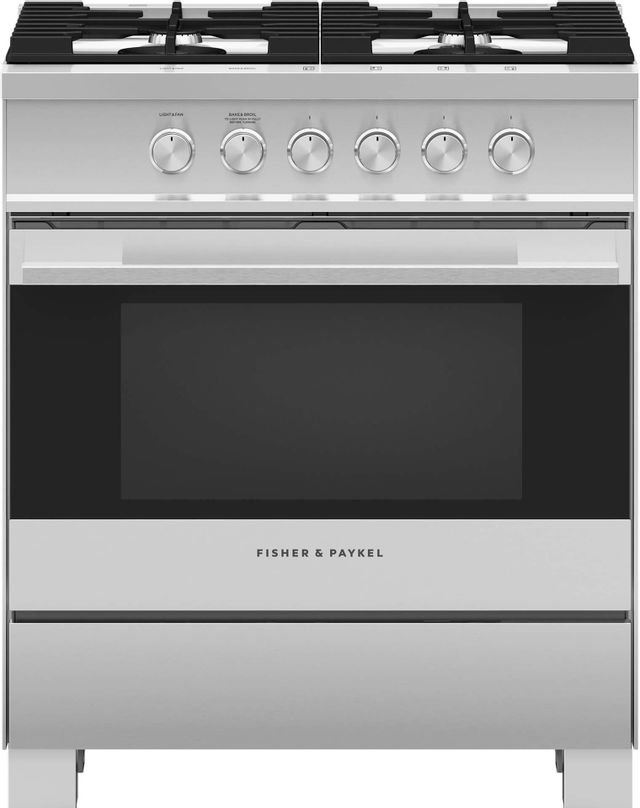 Fisher & Paykel 30" Brushed Stainless Steel with Black Glass Free Standing Gas Range