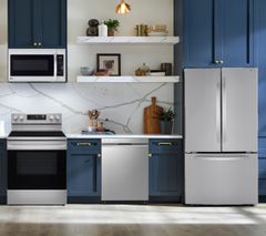 LG 4 Piece Kitchen Package with a 25.10 Cu. Ft. Capacity PrintProof™ French Door Refrigerator PLUS a FREE 10 PC Luxury Cookware Set