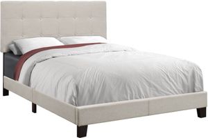 Bed, Full Size, Platform, Bedroom, Frame, Upholstered, Linen Look, Wood Legs, Beige, Black, Transitional