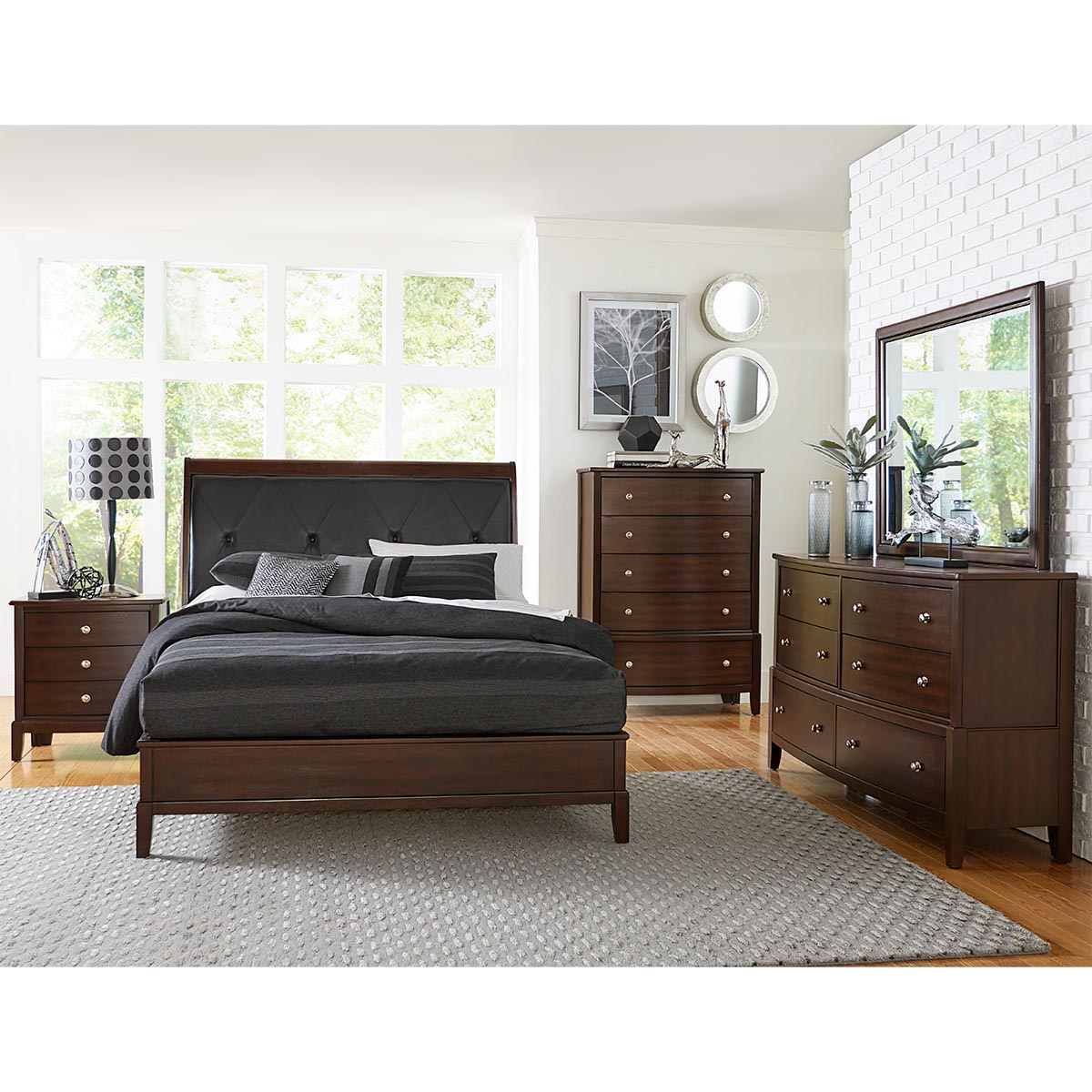 Homelegance Cherry Loft Queen Upholstered Bed, Dresser, Mirror & Nightstand