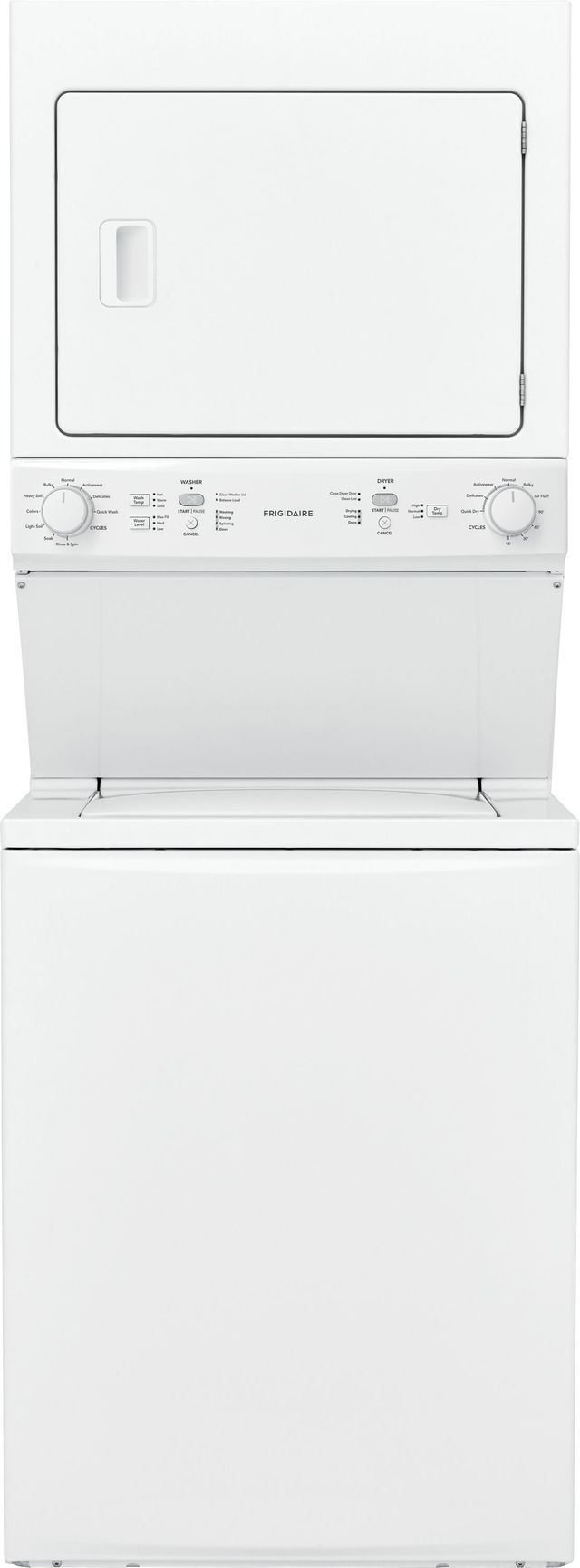 Frigidaire® 3.9 Cu. Ft. Washer, 5.5 cu. Ft. Dryer White Stack Laundry