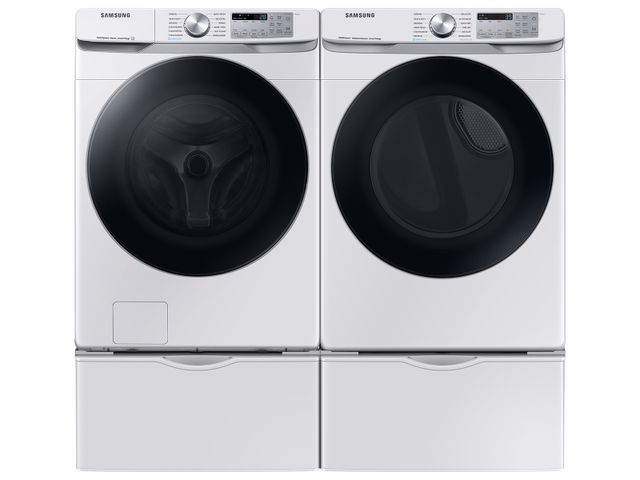 WF45B6300AW | DVE45B6300W - Samsung 4.5 cu. ft. Front Load Washer & 7.5 cu. ft. Electric Dryer Pair in White PLUS a FREE $100 Furniture Gift Card!