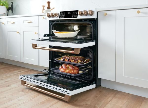 Kitchen Featuring a Café Matte White 30" Slide In Double Oven Electric Range