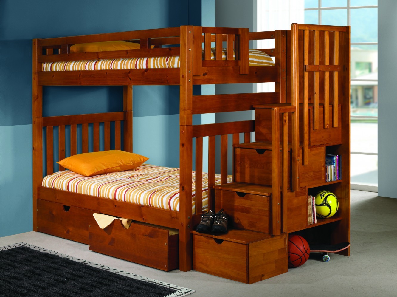 Donco Trading Company Youth Honey Twin Tall Mission Stairway Bunk Bed