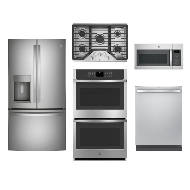 GE ® 4-Piece Gas Kitchen Package with 27.7 Cu. Ft. French Door Refrigerator, 5-Burner Cooktop and SmartHQ Enabled Double Wall Oven