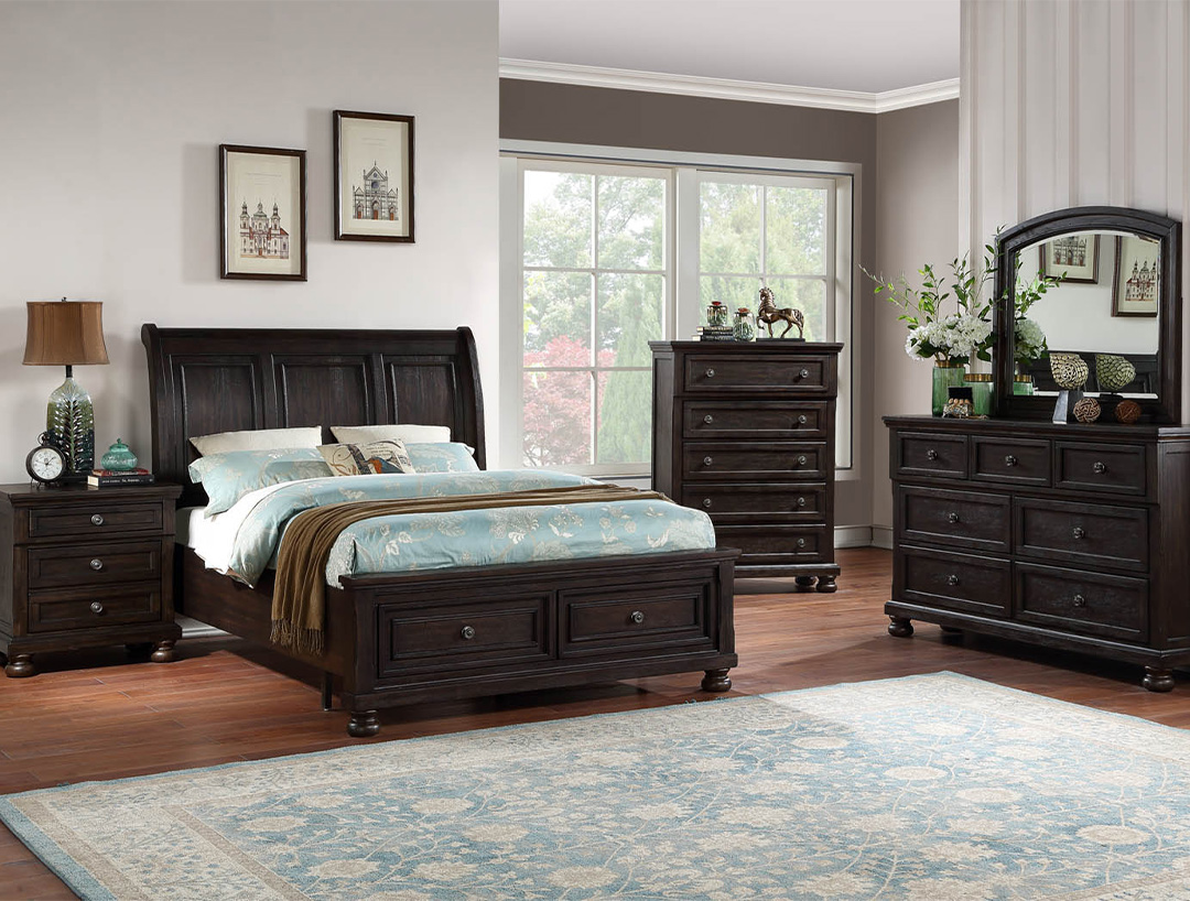 Avalon Lauren King Storage Bed, Dresser, Mirror & Nightstand
