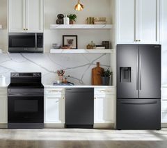 SAMSUNG 4 Piece Kitchen Package with a 27 Cu. Ft. Capacity French Door Refrigerator PLUS a FREE 10 PC Luxury Cookware Set and a FREE $100 Furniture Gift Card