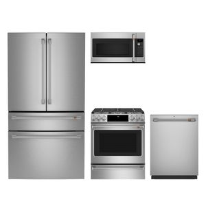 GE Cafe 4pc Smart Appliance Package - 28.7 cu.ft. 4Door French Door Fridge and Convection Gas Slide-In Range w/ Air Fry