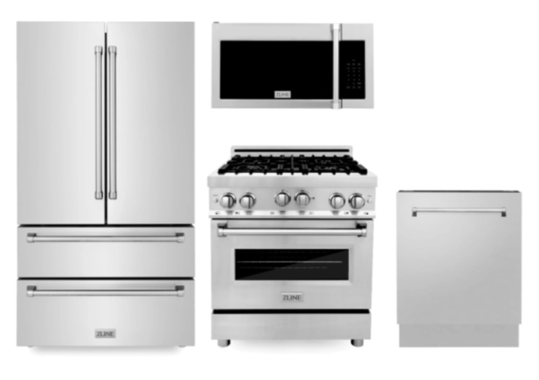 ZLINE Kitchen Package with Refrigeration, 30" Stainless Steel Gas Range, 30" Traditional Over The Range Microwave and 24" Tall Tub Dishwasher