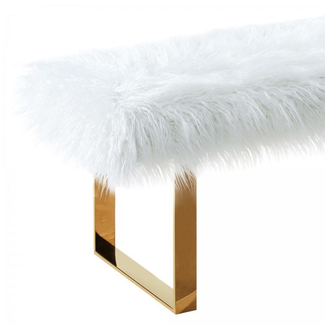 Armen Living Zinna Contemporary Bench in White Fur and Gold Stainless Steel Finish 2