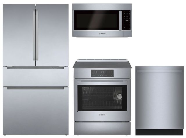 Bosch 4-piece French Door Refrigerator and Slide In Induction Range Kitchen Package