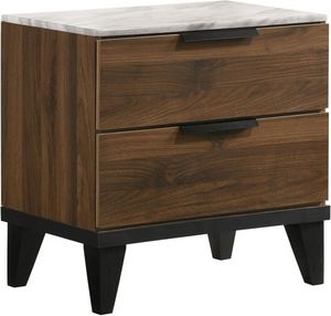 dark wooden nightstand with white marble top and black handles
