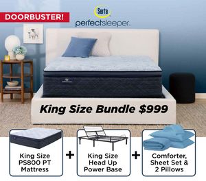 Serta® Perfect Sleeper® PS800 Plush Pillow Top King Mattress Bundle With FREE Power Base Upgrade PLUS FREE sheet set, FREE comforter, 2 FREE pillows!
