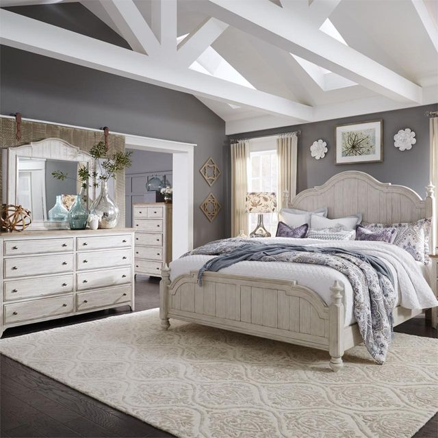 Liberty Furniture Farmhouse Reimagined 4 Piece Antique White Finish with Chestnut Tops King Poster Bed Set