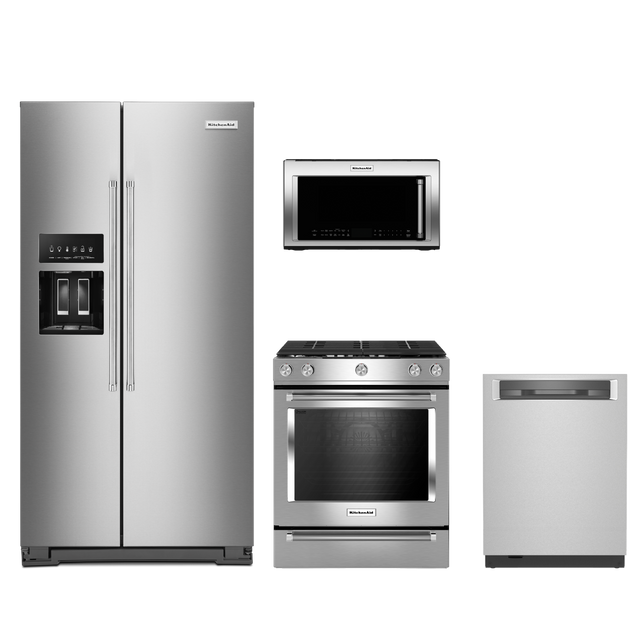 KitchenAid 4pc Appliance Package - 22.6 Cu. Ft. Counter-Depth Side-by-Side Fridge and Convection Slide-In Gas Range