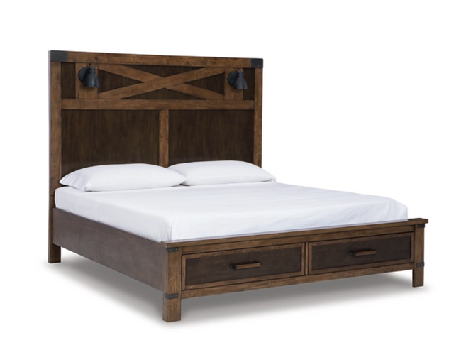 Rustic wooden panel bed with two lights 