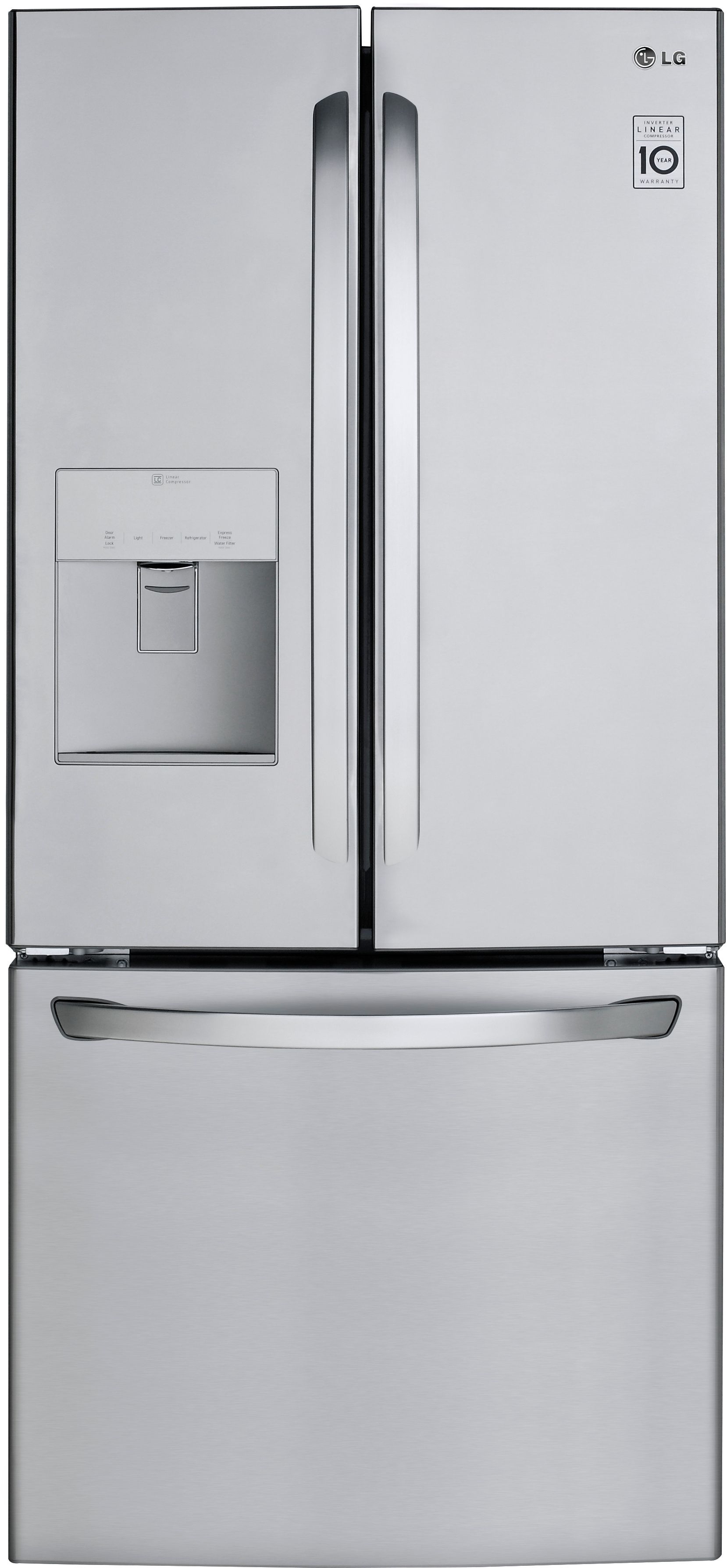 Front view of LG LFDS22520S 30” French door refrigerator 