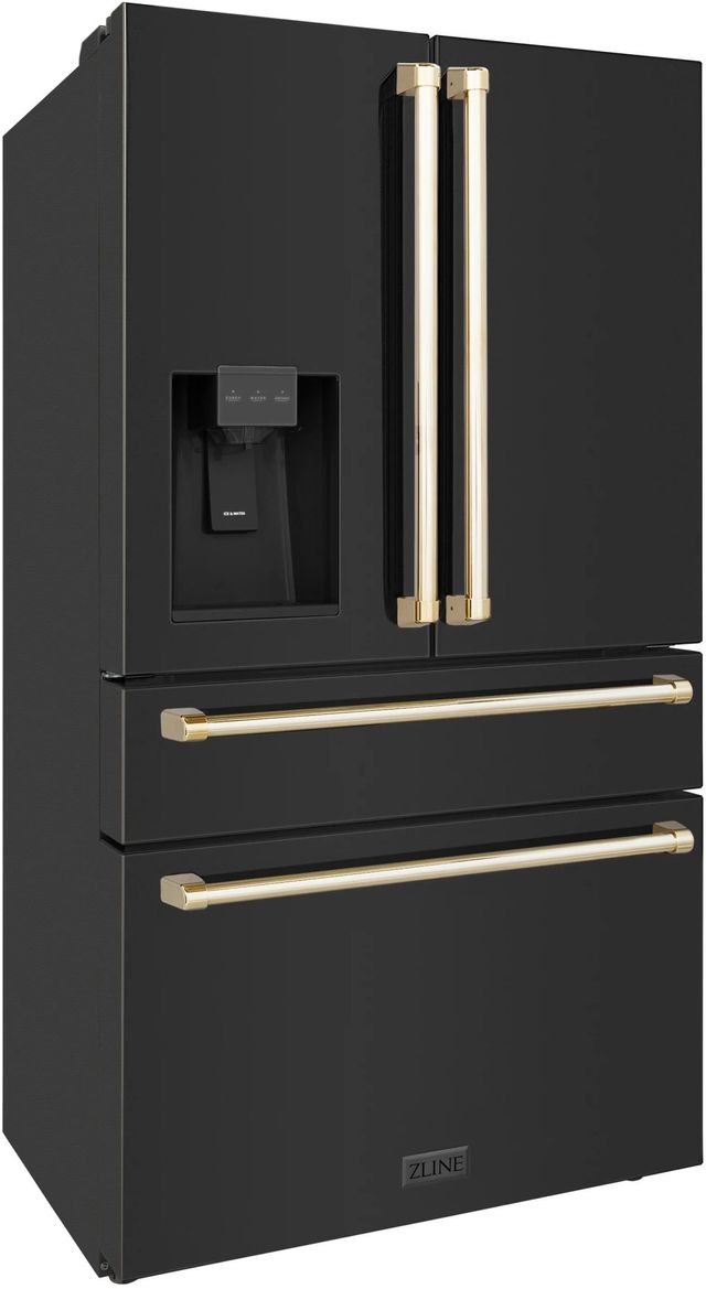 ZLINE Autograph Edition 21.6 Cu. Ft Fingerprint Resistant Black Stainless Steel Counter Depth French Door Refrigerator with Gold Handle 5