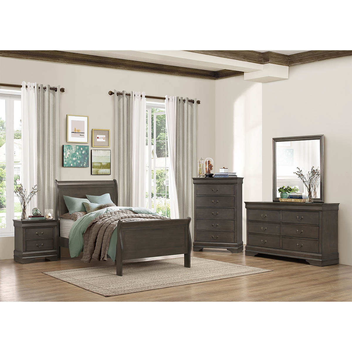 Homelegance Mayville Grey Youth Twin Sleigh Bed, Dresser, Mirror, and Nightstand