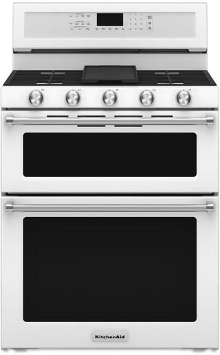 KitchenAid® 30" White Free Standing Gas Double Oven Range