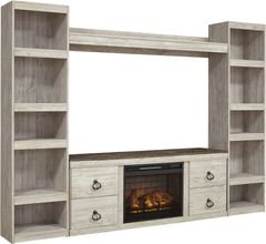 Signature Design by Ashley® Willowton 4-Piece Whitewash Entertainment Center with Electric Infrared Fireplace Insert and Glass Shelves