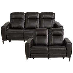 Parkside Heights Black Cherry Leather Dual Power Reclining Sofa and Stationary Loveseat
