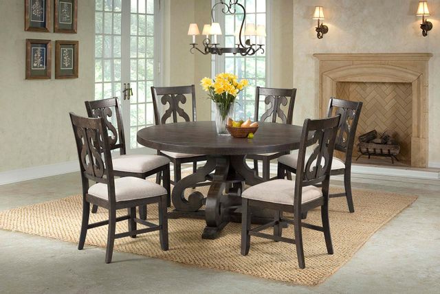 Elements Stone Round Pedestal Table & 6 Swirl Back Side Chairs-0