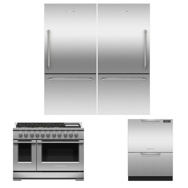 Fisher & Paykel Professional 48" Gas Range with 32" Freestanding Bottom Mount Refrigerators Stainless Steel Kitchen Package