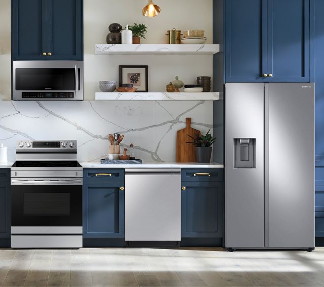 SAMSUNG 4 Piece Kitchen Package with a 27.4 Cu. Ft. Total Capacity Freestanding Side by Side Refrigerator with Wi-Fi Connectivity