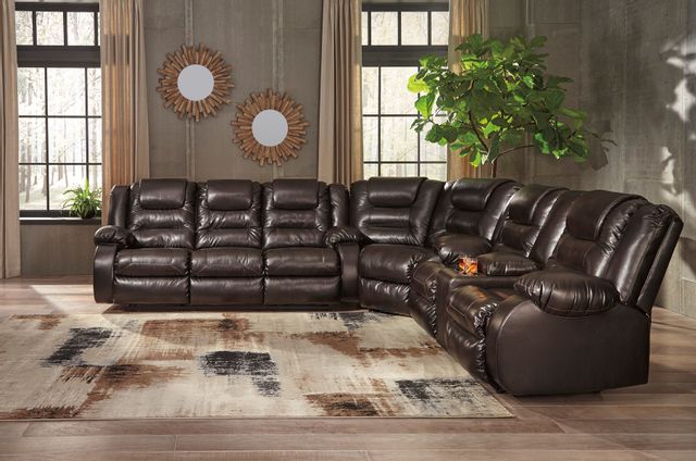 Signature Design by Ashley® Vacherie Chocolate Double Reclining Console Loveseat 3