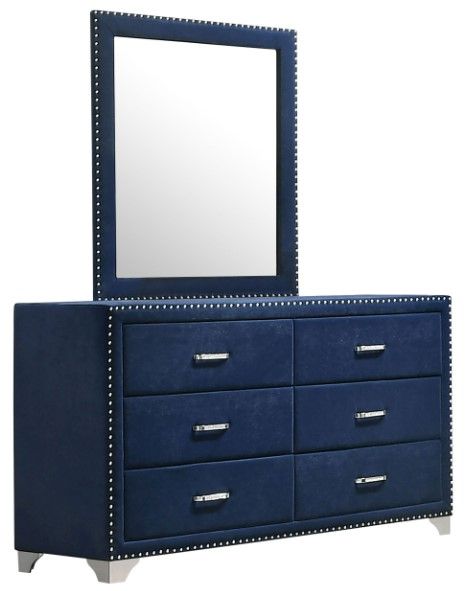 Coaster® Melody Pacific Blue 6 Drawer Upholstered Dresser And Mirror Set Fischer Furniture