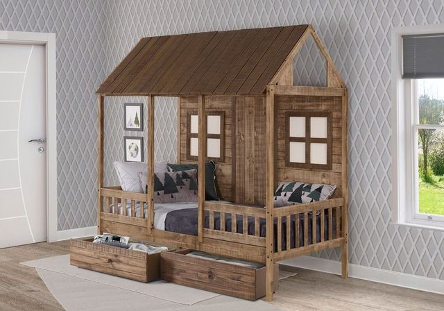 Donco Kids Rustic Driftwood Twin Front Porch Loft Bed with Drawers-0