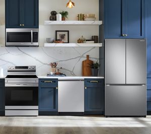 Samsung 4-Piece Kitchen Package with a 25 cu. ft. 33" Wide French Door Refrigerator with Beverage Center PLUS a FREE $100 Furniture Gift Card!
