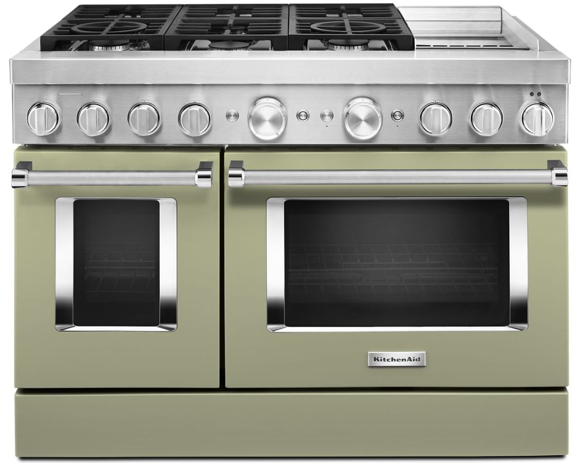 KitchenAid® 48" Avocado Cream Commercial-Style Free Standing Dual Fuel Range with Griddle-KFDC558JAV