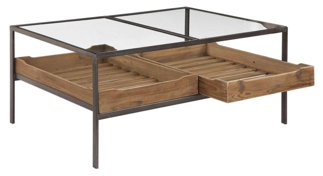 Uttermost® Silas Glass Top Coffee Table with Aged Steel Frame-2