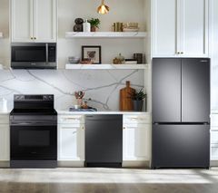 SAMSUNG 4 Piece Kitchen Package with a 22 cu. ft. 30” Wide Smart 3-Door French Door Refrigerator PLUS a FREE 10 PC Luxury Cookware Set
