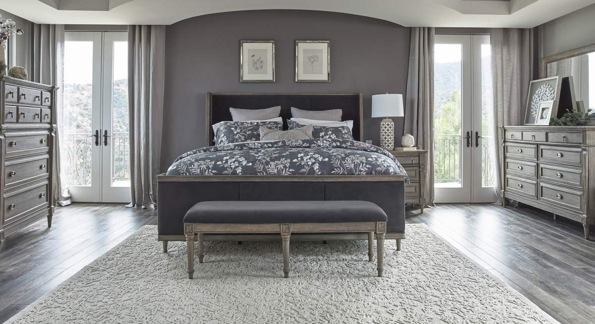 Coaster Alderwood 4 Piece French Grey King Bedroom Set Pearls