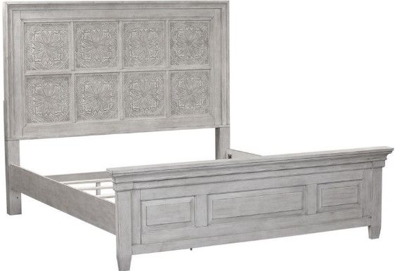Liberty Heartland Antique White Queen Panel Bed with Engraved Headboard