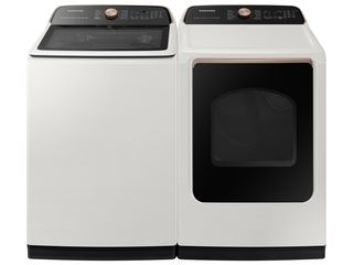 WA55A7300AE | DVE55A7300E - Samsung Top Load Laundry Pair With a 5.5 Cu Ft Washer and a 7.4 Cu Ft Dryer in Ivory with Rose Gold Trim & Knobs