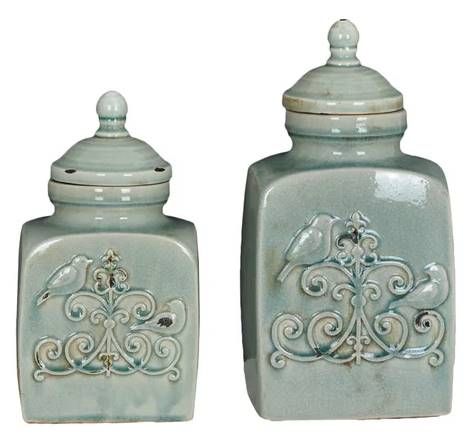 Crestview Collection French Bird 2 Piece Soft Turquoise Container Set-0