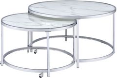 Steve Silver Co. Rayne 2-Piece White Faux Marble Glass Top Nesting Cocktail Table Set with Chrome Base