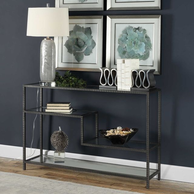 Uttermost® Leo Glass Top Console Table with Aged Gunmetal Frame-3