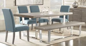 San Francisco Table, 4 Blue Side Chairs & Bench