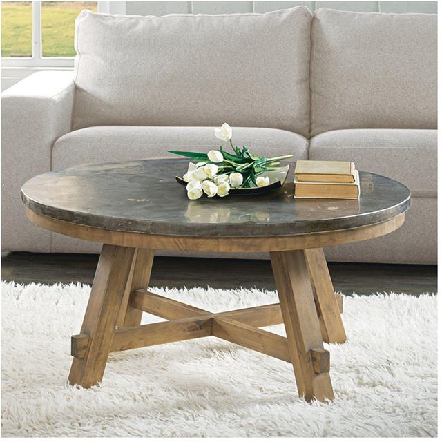 Riverside Furniture Weatherford Bluestone Round Coffee Table with Reclaimed Natural Pine Base-2