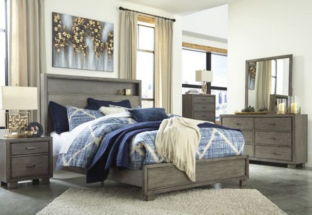 modern bedroom set with greige dresser, bed, vanity, and nightstand