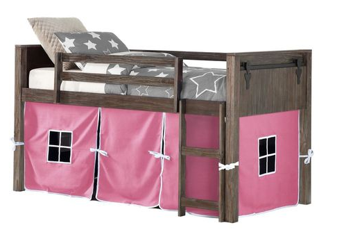 Donco Kids Barn Door Brushed Shadow Twin Low Loft Bed With Pink Tent Kit