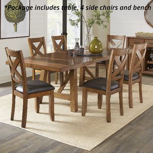 Acorn Cottage Brown Dining Table, 4 Side Chairs and Bench