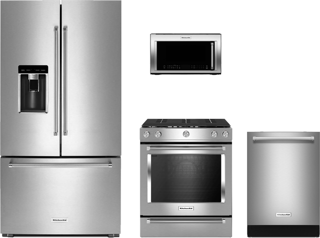 KitchenAid® 4 Piece Gas Kitchen Package with 23.8 cu.ft. Counter Depth Platinum Interior French Door and Slide-In Convection Range  -0